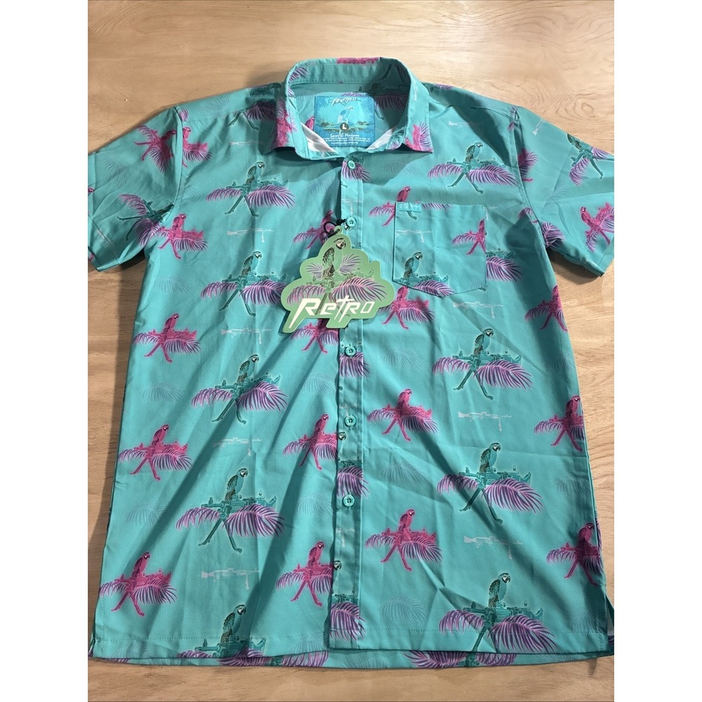 Retro Rifle Mens Large "Saws and Macaws" Green Hawaiian Camp Button Up Shirt